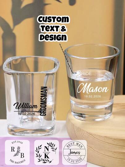 Custom Text Glass Shot Cups, Wedding Party Gifts, Personalized Bride Groom Toast Glassware For Engagement Or Anniversary, Customized Date Drinkware Keepsake For Friends And Family, Elegant Bar Decor Favor Gift, Customizable Text Design Gift, Kitchen