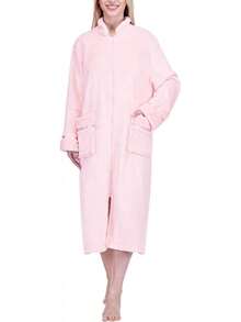 ¡RecomendadoPAVILIA Bata de forro polar con cremallera para mujer, tumbona frontal cálida con cremallera¡Top de Temporada - Rosa - Ver 1