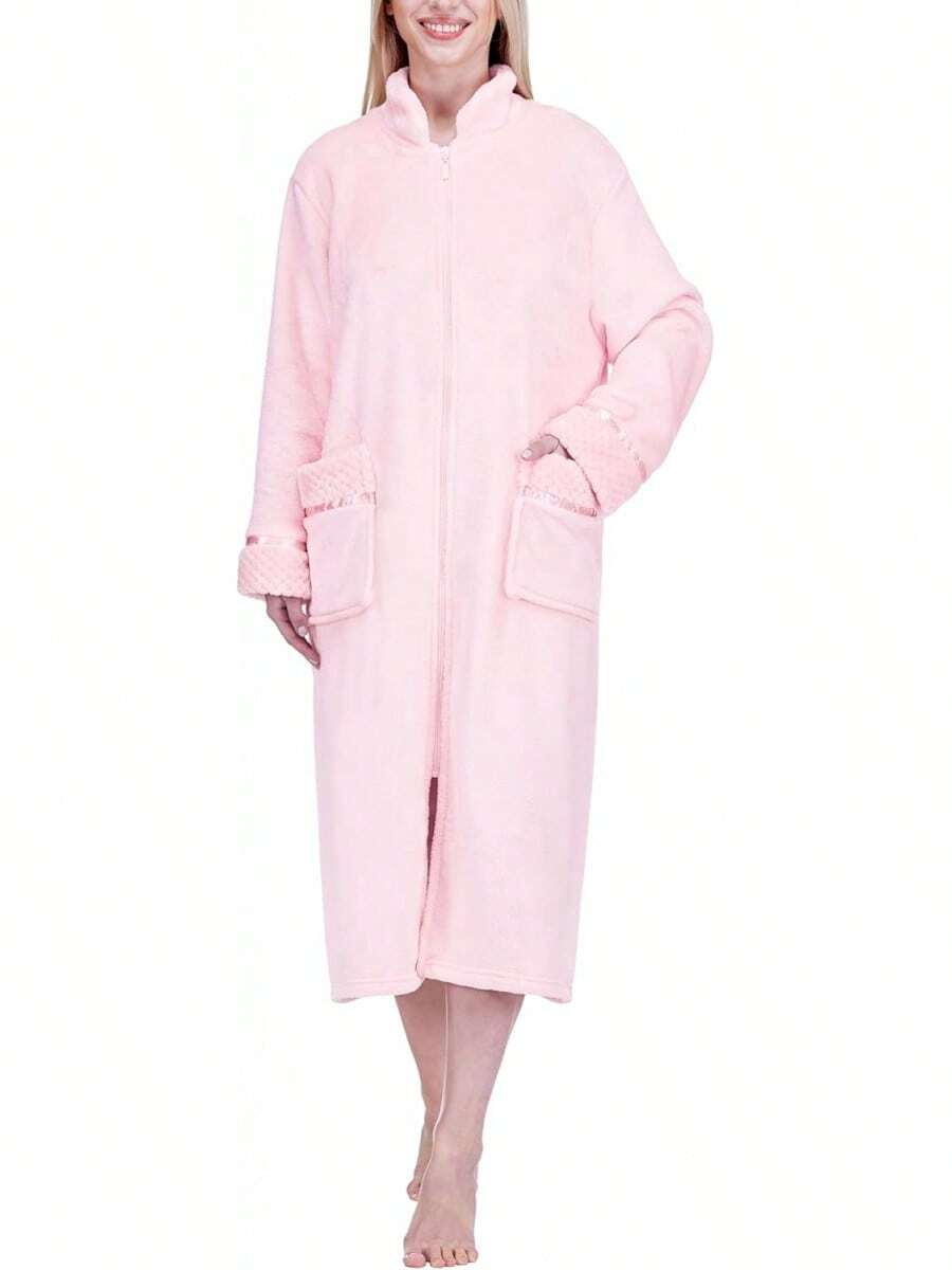 ¡RecomendadoPAVILIA Bata de forro polar con cremallera para mujer, tumbona frontal cálida con cremallera¡Top de Temporada - Rosa - Ver 1