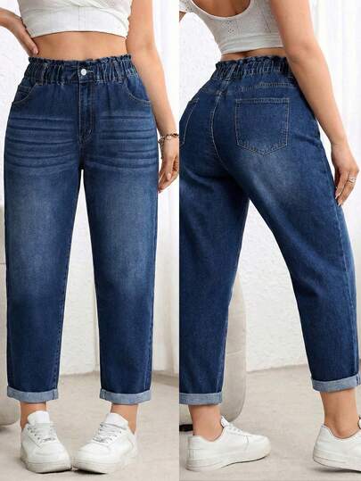 Plus Size Women's Non-Stretch 7/8 Length Distressed Mom Jeans With Button And Cat Whisker Design Casual