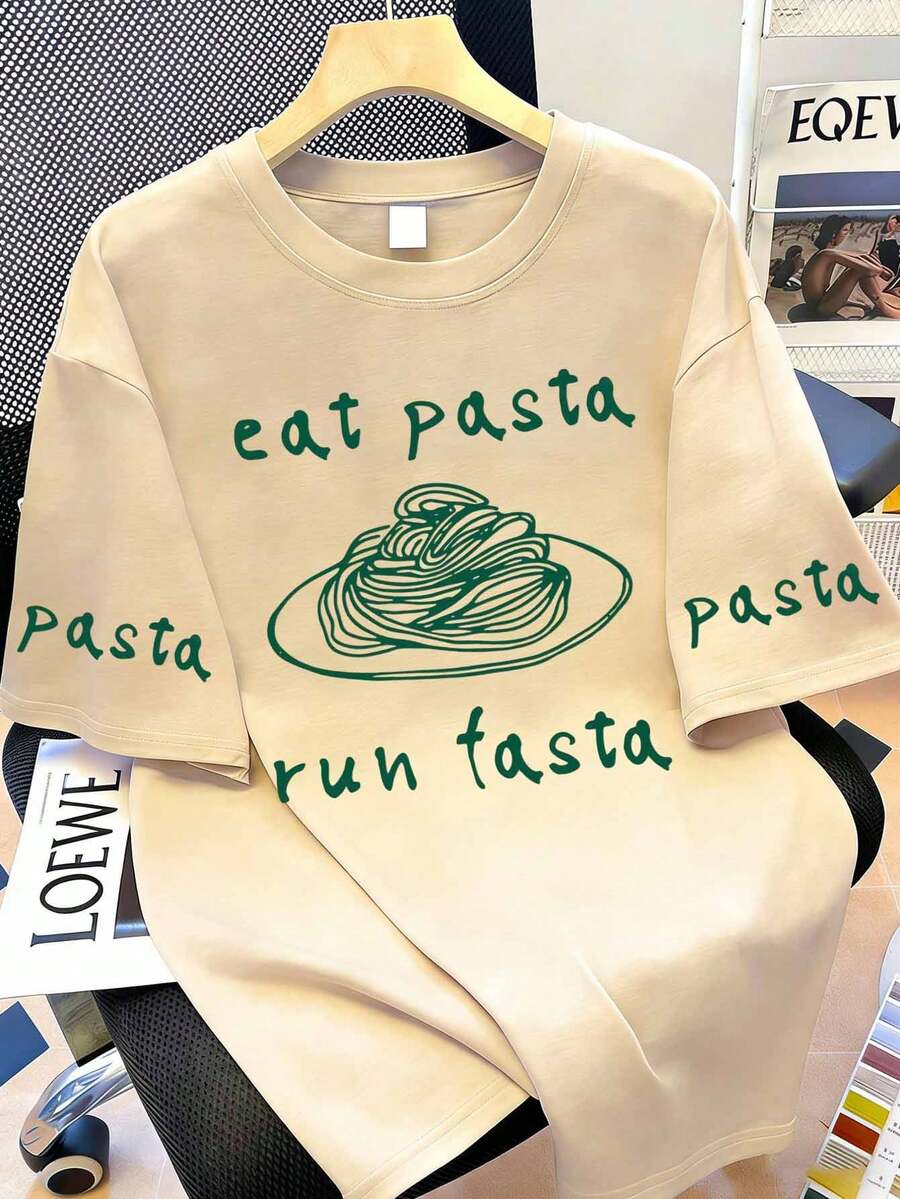 女士夏季休闲意面图案圆领短袖T恤 - 米色 - 查看 1