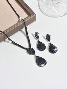 Elegant Teardrop Bridal Jewelry Set, Women's Crystal Pendant Necklace And Earrings, Wedding Bride Jewelry Set, Suitable For Anniversary, Valentine's Day, Holiday Gifts, Birthday Presents - 1526 Black - HB - View 1