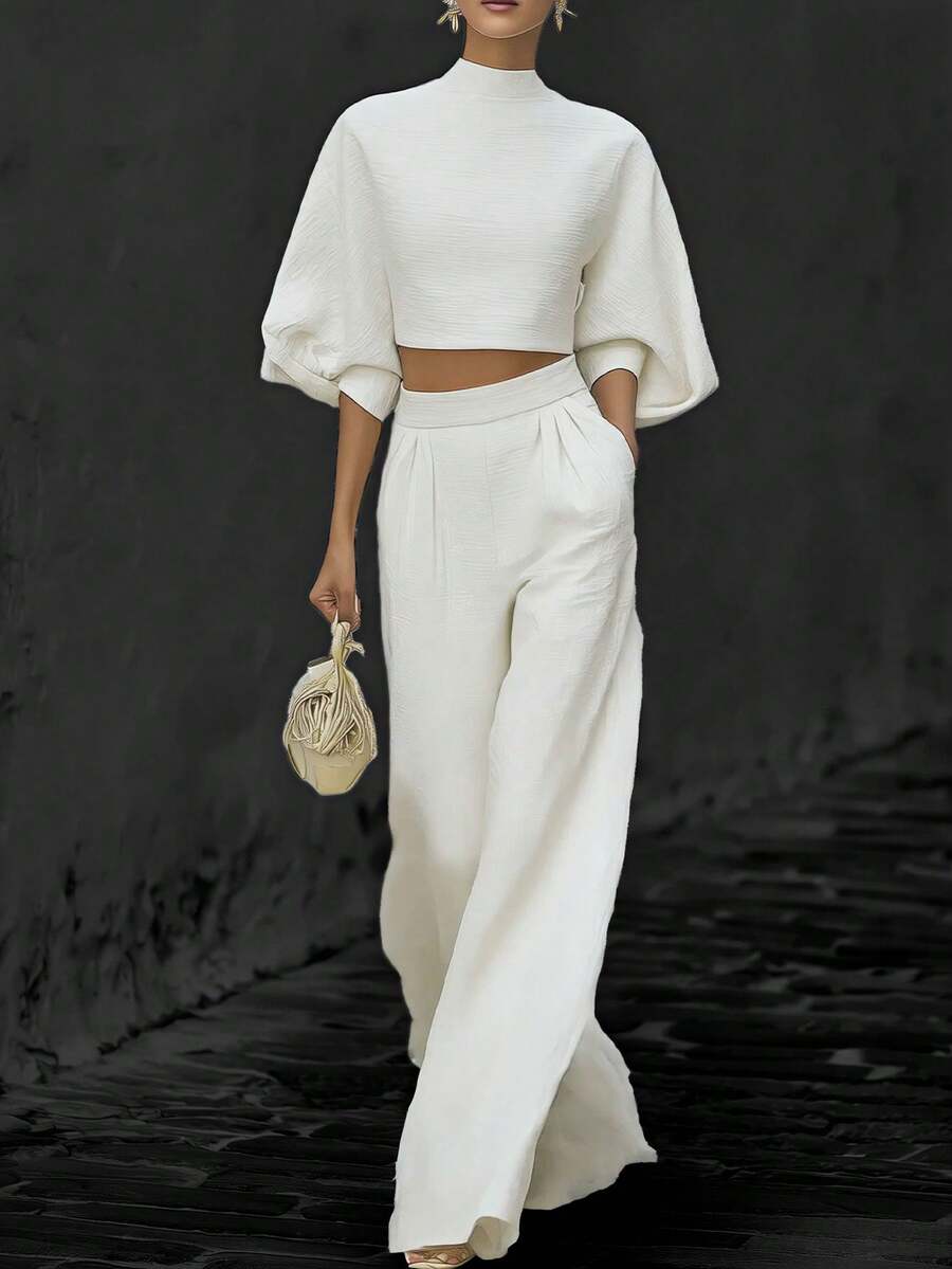 Magic Mia Women's Minimalist White Two-Piece Outfit - High Neck With Puff Half Sleeves & Cutout Waist Detail | Effortless Fit For Coffee Runs, Patio Dinners & Holiday Gatherings (Sleek & Feminine) For Elevated Everyday Looks - 白色 - 查看 1