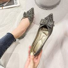 Giày cao gót mũi nhọn phong cách Pháp dành cho nữ, hàng mới 2024, giày bệt đính đá lấp lánh, giày lười sang trọng cỡ lớn 41-43 - Xám - Xem 14
