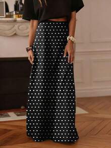 女士休闲波点A字长裙，采用无弹梭织面料，适合日常穿着，黑色，春季款 - 黑色 - 查看 5