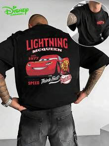 Authorized Disney, Disney Channel Lightning McQueen Racing Theme Black  Loose T-Shirt, Casual And Comfortable T-Shirt, Breathable And Lightweight, Fashionable Street Wear, Men's And Women's Casual Shirts, Gifts For Disney Fans. - Black - View 1