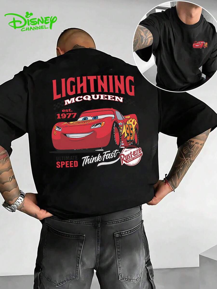 Authorized Disney, Disney Channel Lightning McQueen Racing Theme Black Loose T-Shirt, Casual And Comfortable T-Shirt, Breathable And Lightweight, Fashionable Street Wear, Men's And Women's Casual Shirts, Gifts For Disney Fans. - Black - View 1