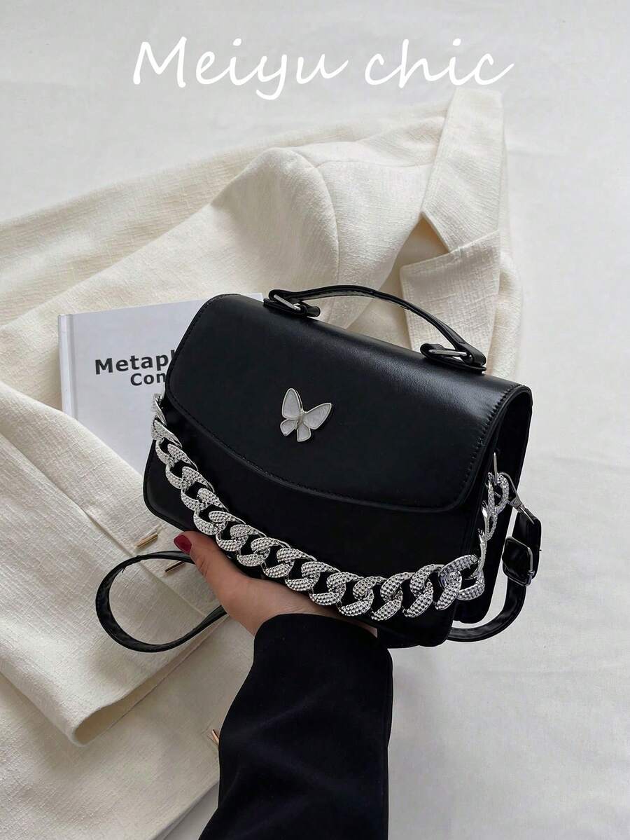 Minimalist Solid Color Bowknot Design Handbag With Chunky Chain Strap Valentines - Black - View 1