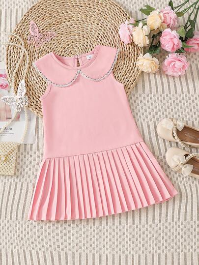 Young Girls' Sweet Summer Dress, Pink Collar Ruffle Decor, Pleated Skirt, Casual Fashionable Sleeveless Dress For Girls, Suitable For Outdoor & Daily Wear