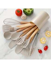 Wooden Handle Silicone Cooking Utensils, Heat Resistant Kitchen Silicone Whisk - Multicolor - View 2