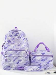 Conjunto de 3 piezas de mochila con efecto tie-dye, estilo unisex de alta gama, gran capacidad, ligero y transpirable, adecuado para diversas ocasiones - Morado - Ver 1