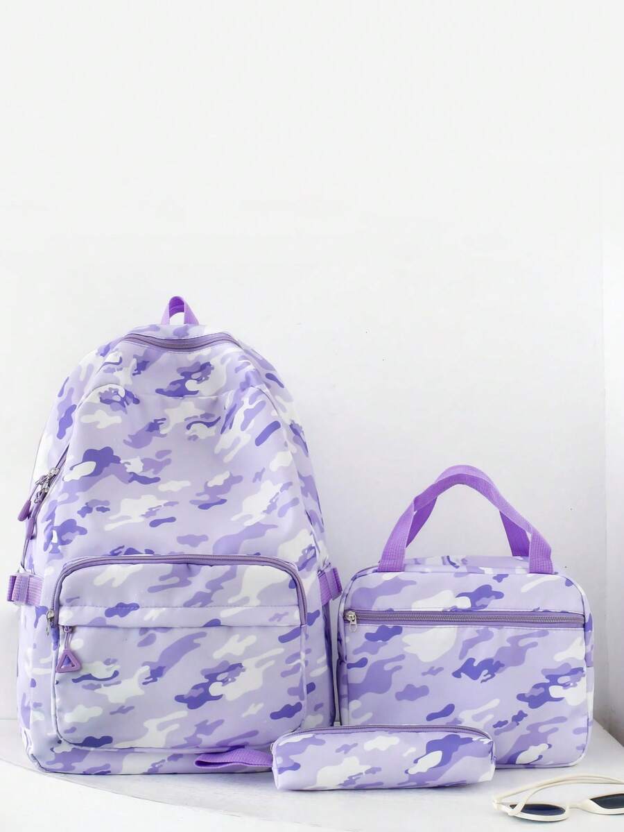 Conjunto de 3 piezas de mochila con efecto tie-dye, estilo unisex de alta gama, gran capacidad, ligero y transpirable, adecuado para diversas ocasiones - Morado - Ver 1
