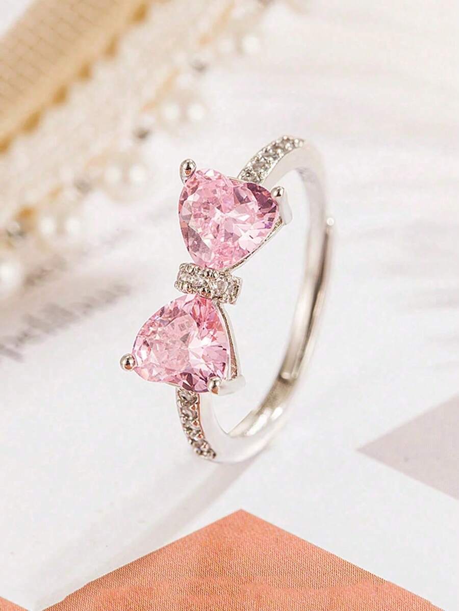 1pc Pink Rhinestone Bowknot Ring, Unique Design Pink Heart Fashion Adjustable Midi Ring For Women - Hồng - Xem 1