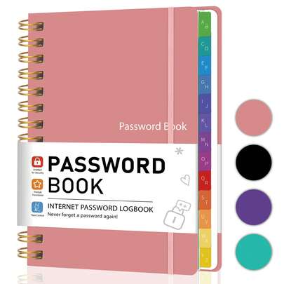 Password Book With 26 Alphabetical Tabs, A5 Simple Password Keeper Book With Colorful Tabs & Inner Pocket For Adults, Seniors & Individual, Spiral Hardcover Password Notebook For Website Logins,Office Supplies
