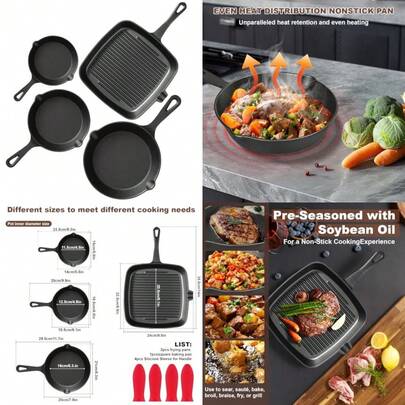 Pre-Seasoned Cast Iron Skillets4 Piece Durable Pots And Pans Set With Handle Covers For Grill BBQ Camping Fire Stovetop Kitchen And Camping Cookware