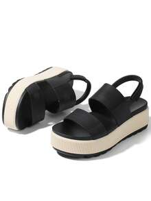 Sandalias de cuña para mujer con plataforma, tacón, chanclas abiertas de verano, de slip-on, para vacaciones y playa casual - Blanco y negro - Ver 10