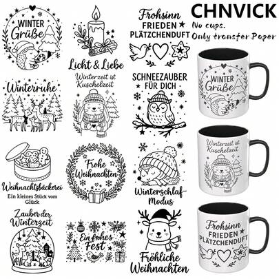 CHNVICK 12件/套 UV DTF 杯贴式自粘贴纸，适用于咖啡杯、水瓶、家居装饰、笔记本电脑和冰箱 DIY 手工艺品（不含杯子）