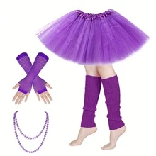 Conjunto de 4 piezas de estilo de los 80 para mujer, que incluye falda abullonada, guantes neón y collar, adecuado para celebraciones retro de los 80 - Multicolor - Ver 2
