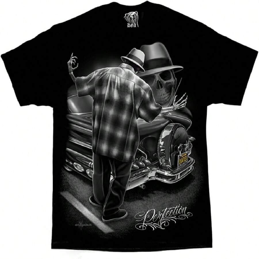 David Gonzales Mens Perfection Lowrider Gangster Homies Skeleton DGA Art T Shirt - màu đen - Xem 1