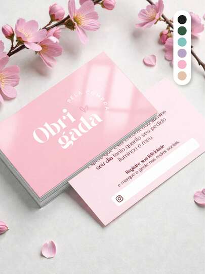 100 Mini Cartões de Agradecimento ao Cliente Rosa - Obrigado pela sua Compra - 9x5 Prontos para Entrega