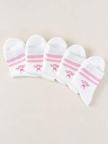 5 Pairs Kids Pink Striped Letter Bow Print Breathable Mid-Calf Socks - Multicolor - View 4