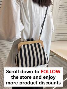 这款时尚女士条纹帆布斜挎包采用撞色设计，配有可调节肩带。它风格简约百搭，优雅时尚，适合约会、购物、通勤等各种场合。 - 黑與白 - 查看 2