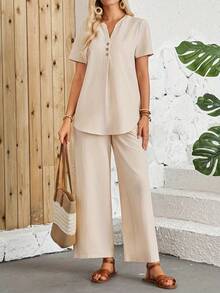 Conjunto feminino Vuslat de verão casual com blusa de manga curta e calça folgada, ideal para o dia a dia, passeios, atividades ao ar livre, momentos de lazer e férias. Perfeito para o trabalho, férias e outras ocasiões. - Damasco - Ver 7