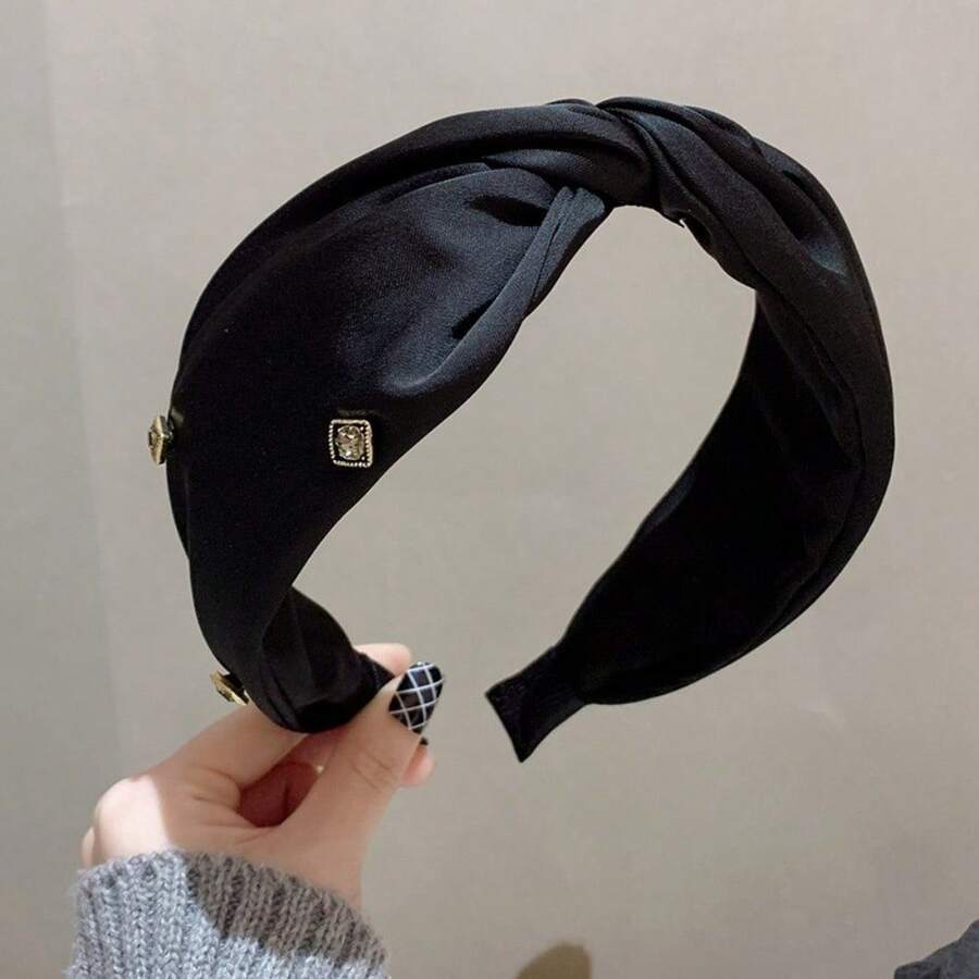 French Luxury Satin Crystal Crossed Headband, Elegant Hair Hoop, Minimalist Design, Versatile For Daily Wear, Fresh And Sweet, Travel Essential, Women Hair Accessory, Suitable For New Year, Valentine's Day Beauty Home Hair Accessories - Black - View 1