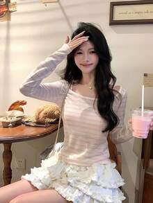 Refreshing Striped Loose Fit Sun Protection T-Shirt For Women - Baby Pink - View 4