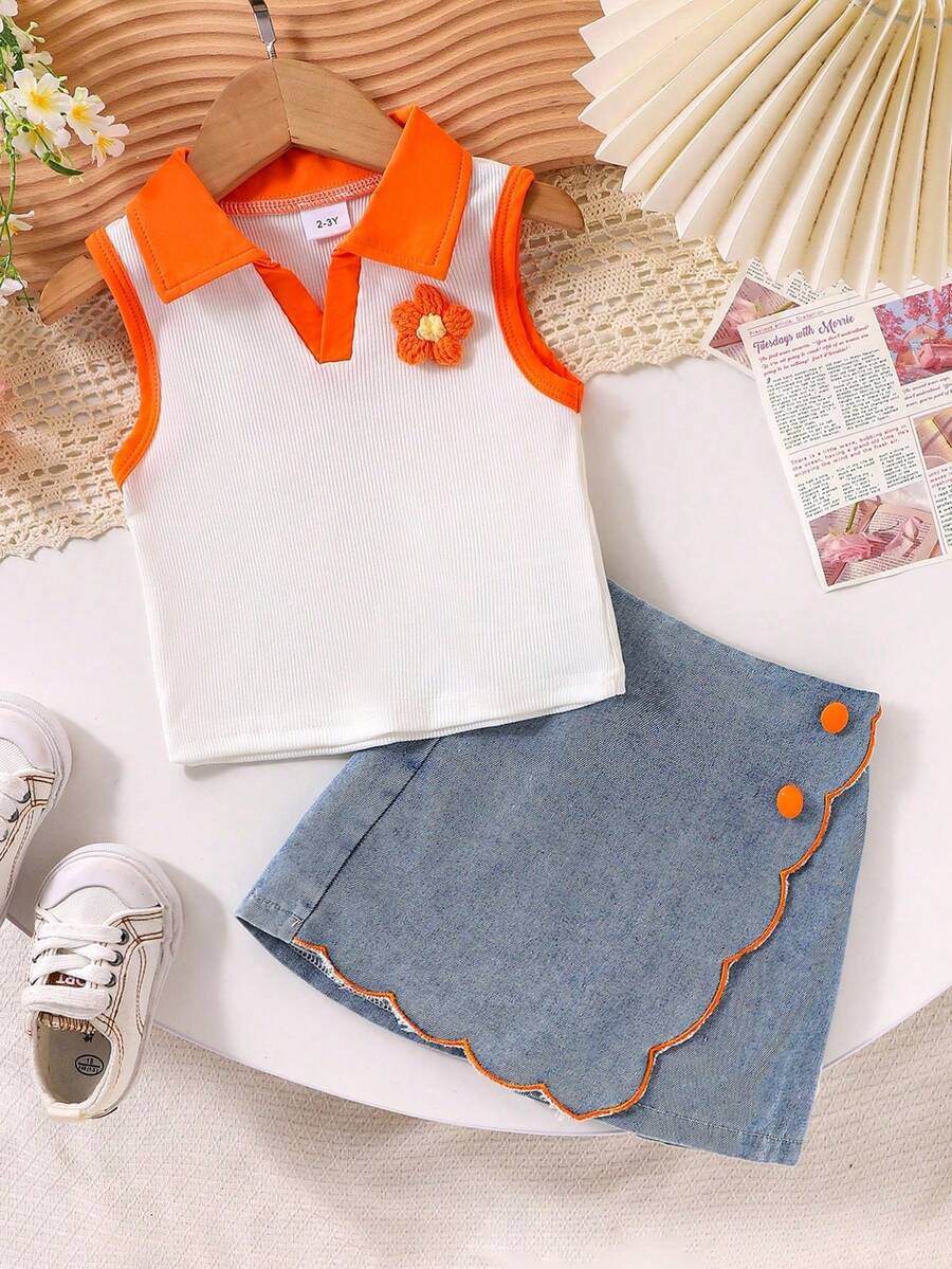 Set de 2 piezas de blusa polo de punto con bloques de color y flores 3D, y falda pantalón de mezclilla con volantes, para niña, para verano - Naranja - Ver 1