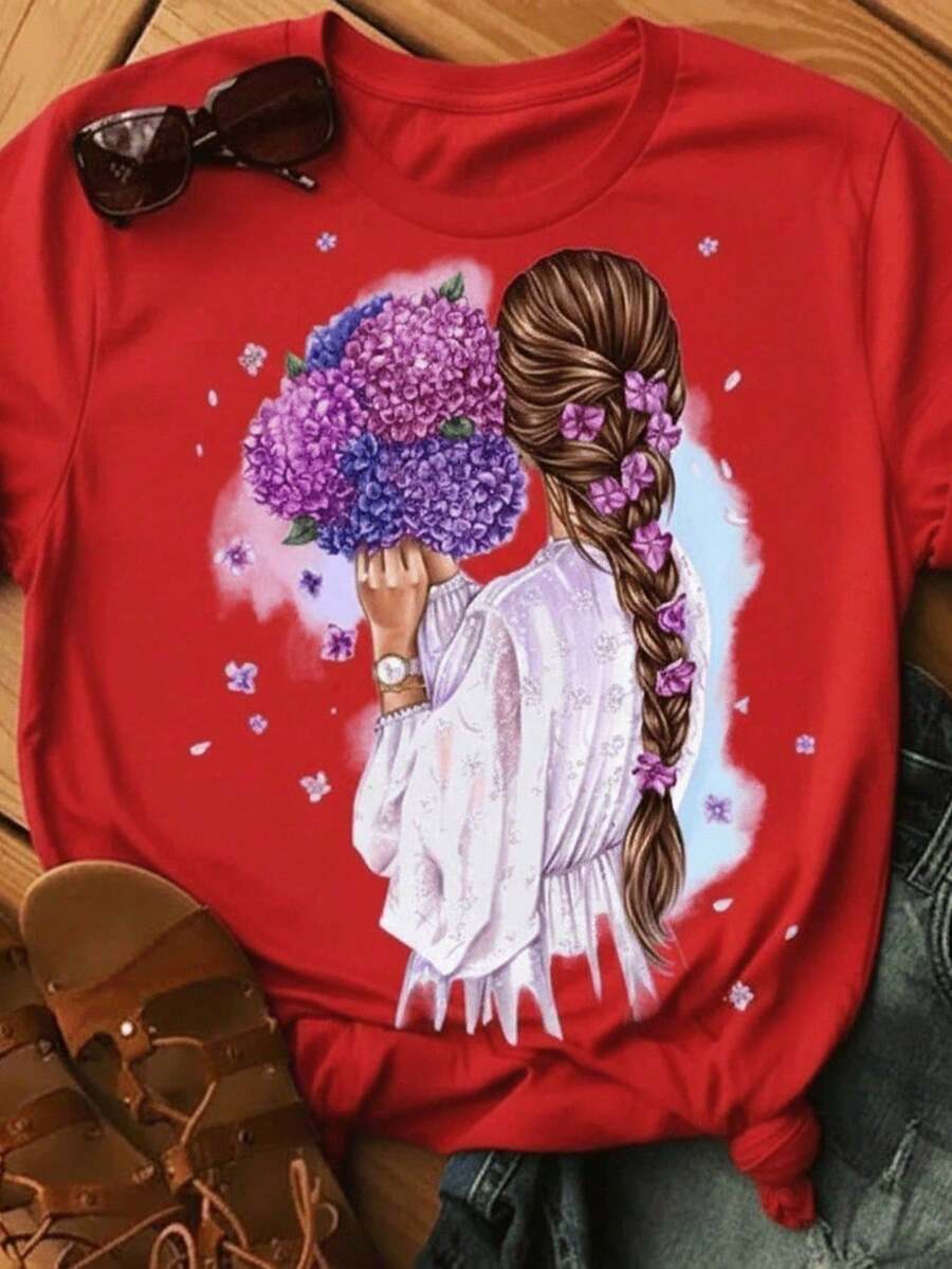 Stylish Women's Floral Hair Print T-Shirt - New Release - 100% Cotton T-Shirt - Loose Oversized Plus Size T-Shirt - Estampae - 紅色 - 查看 1