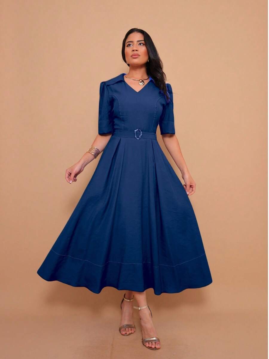 Helena Elegant Luxury Midi Dress With Collar And Belt, Short Sleeves - 藏蓝色 - 查看 1