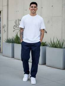 Men's Navy Blue Cargo Pants With Drawstring Waist And Slight Stretch, Unisex Long, Loose-Fitting Casual Streetwear Skate Pants. - 藏蓝色 - 查看 6