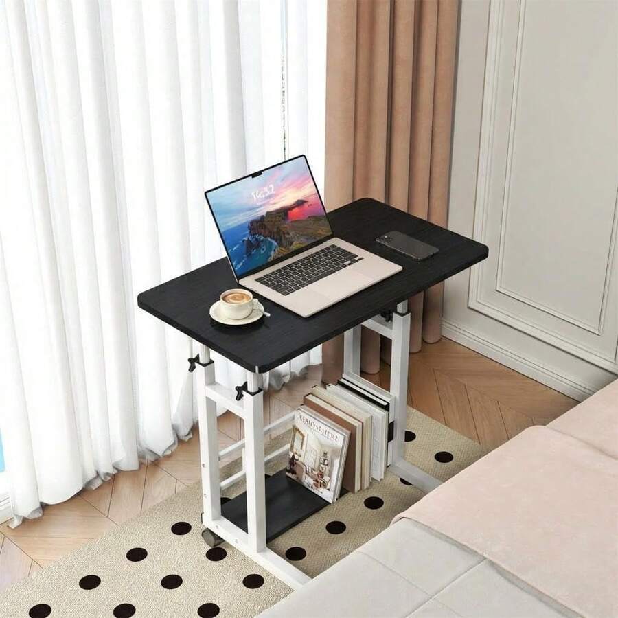 Techigher Movable Computer Desk, Height Adjustable Office Desk With Shelves, Mobile Laptop Table With Wheels, Overbed Table For Living Room, Bedroom, 80x40x69-90cm - Black - View 1