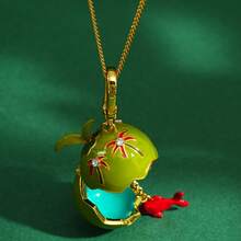 1pc Handpainted Exquisite Enamel 3D Openable Green Coconut Goldfish Pendant Necklace, Elegant Daily Wear Accessory For Women - Coconut Goldfish Pendant Necklace - View 5