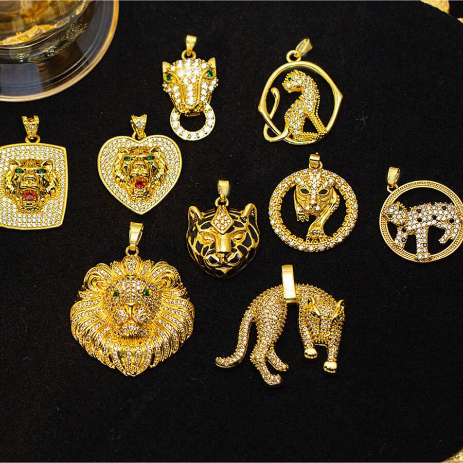 Best-Selling Full-Diamond Leopard, Tiger, Lion Pendant, High-End Stylish Versatile Necklace Accessory - P-67 Golden Cheetah Head 3 - View 1