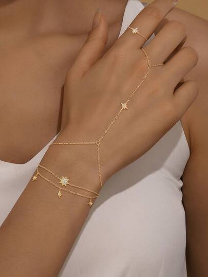 1PC 925 Sterling Silver 4-Pointed Star Zirconia Connect Finger Bracelet Ring 18K Gold Plated Classic Romantic Suitable For Women For Daily Wear Wedding Engagement Fine Jewelry