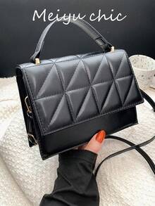 迷你極簡衍縫翻蓋方包頂部單條提帶黑色 - 黑色 - 查看 1