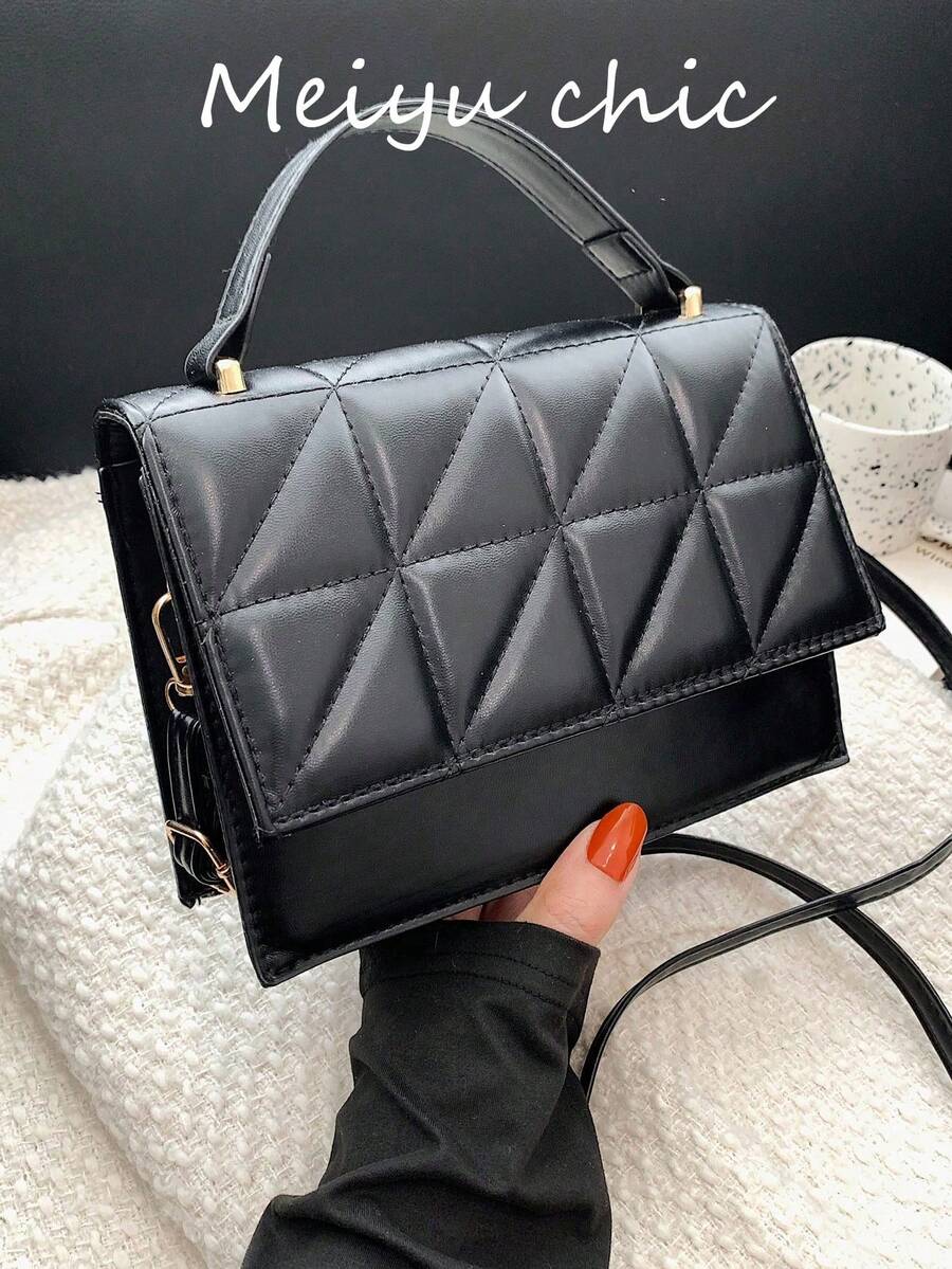 迷你極簡衍縫翻蓋方包頂部單條提帶黑色 - 黑色 - 查看 1