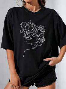 Modern Line Art Face Elegant And Simple Women's 100% Polyester Plus Size T-Shirt Shirt Casual 220g Funny Oversized Graphic Short Sleeve 1 Pcs Tee Novelty Crew Neck Top - 黑色 - 查看 1