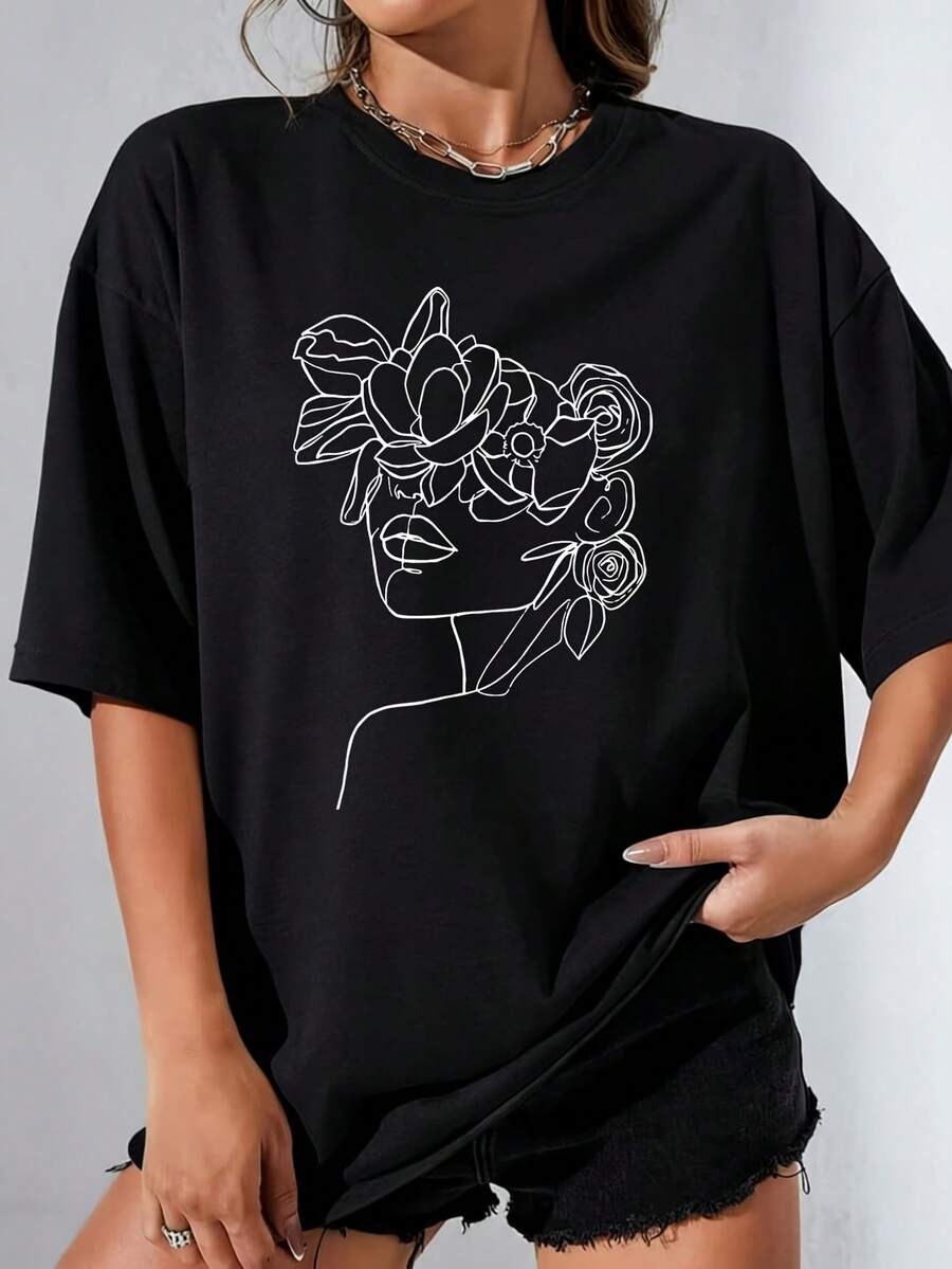 Modern Line Art Face Elegant And Simple Women's 100% Polyester Plus Size T-Shirt Shirt Casual 220g Funny Oversized Graphic Short Sleeve 1 Pcs Tee Novelty Crew Neck Top - 黑色 - 查看 1