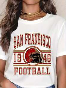 1pcs Women 100% Cotton Soft Breathable Romantic Casual Style Valentine Gift Valentine's Day Crew Neck Short Sleeve,San Francisco 1946 Football T-Shirt, Vintage Style, Sports Fan Apparel For Men & Womenwinter Clothes For Women-T Shirt For Summer Daily Wear. - 白色 - 查看 1