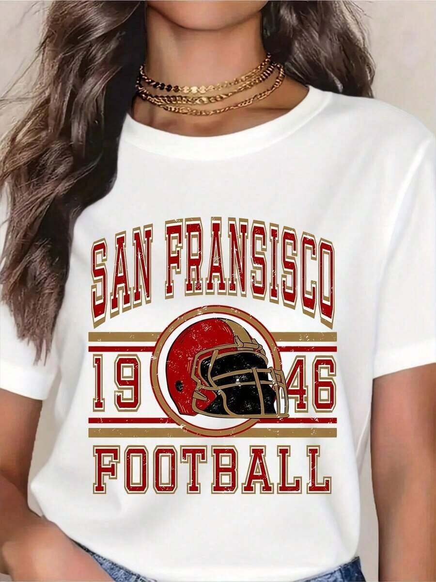 1pcs Women 100% Cotton Soft Breathable Romantic Casual Style Valentine Gift Valentine's Day Crew Neck Short Sleeve,San Francisco 1946 Football T-Shirt, Vintage Style, Sports Fan Apparel For Men & Womenwinter Clothes For Women-T Shirt For Summer Daily Wear. - 白色 - 查看 1