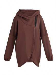 Women's Casual Elegant Sweatshirt, Solid Color With Zipper And Tulip Hem, Suitable For Autumn - Coffee Brown - View 3