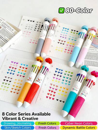 2Pcs 80-Color Blendable Retractable Ballpoint Pens - All-In-One Multicolor Pen For Student Journaling Drawing Highlighting