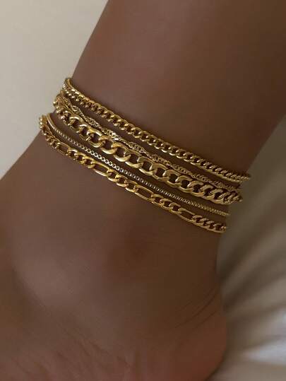 5pcs Punk Metal Thick Chain Multi-Layer Anklet Set, Suitable For Women's Daily, Beach, Vacation, Party Wear