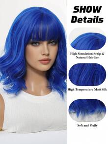 12 Inch Blue Bangs Short Curly Synthetic Wig For Women, Suitable For Daily Wear Or Cosplay - Blue - View 6