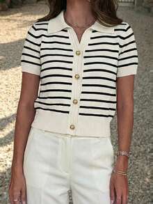 Women's Contrast Stripe Polo Collar Knit Button Front Fitted Short Sleeve Top - Multicolor - View 4