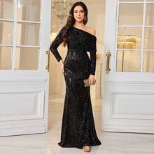 UNITHORSE 亮面拉链荷叶边不对称鱼尾正式晚礼服 - 黑色 - 查看 7