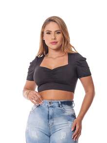 Blusa Cropped Com Manga/Blusinha Lastex/Cropped Ciganinha com Elástico/Floral - Preto - Visão 1
